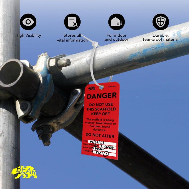 BearTOOLS Scaffold Tags - Safety Inspection Kit with Cable Ties - Danger Scaffold Status Warning Sign - Laminated 3 x 6 in, Pack of 25 - Weatherproof, Tear-Resistant - Red Tags - Image 4
